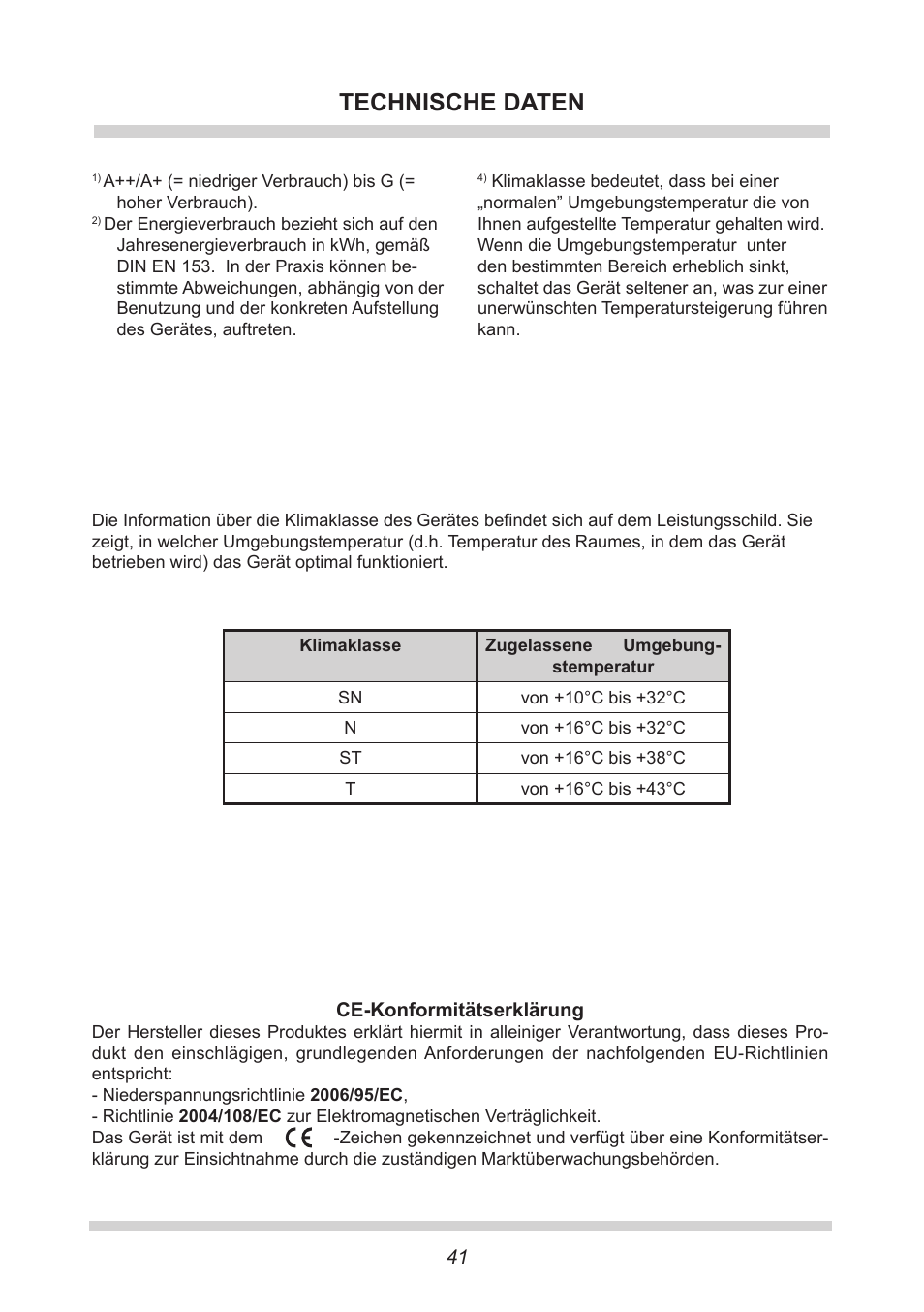 Technische daten | AMICA FC 204.3 - VKS 15304 W User Manual | Page 41 / 164