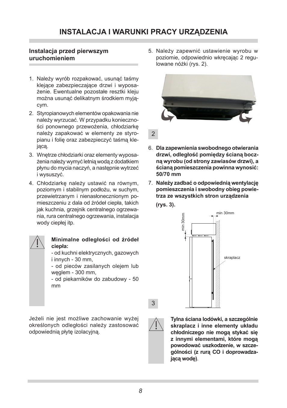 Instalacja i warunki pracy urządzenia | AMICA FC 204.3 - VKS 15304 W User Manual | Page 8 / 164