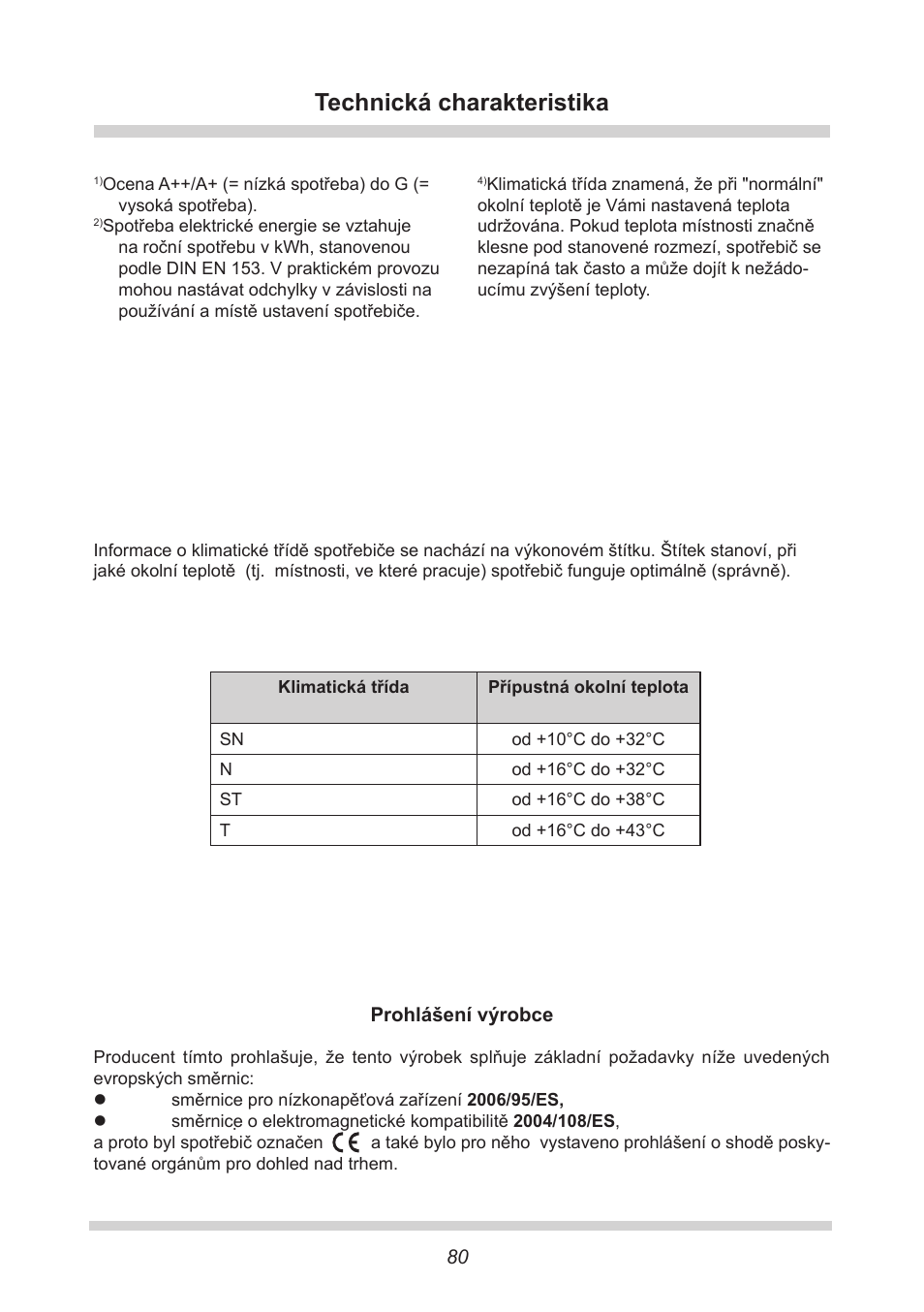 Technická charakteristika | AMICA FC 204.3 - VKS 15304 W User Manual | Page 80 / 164