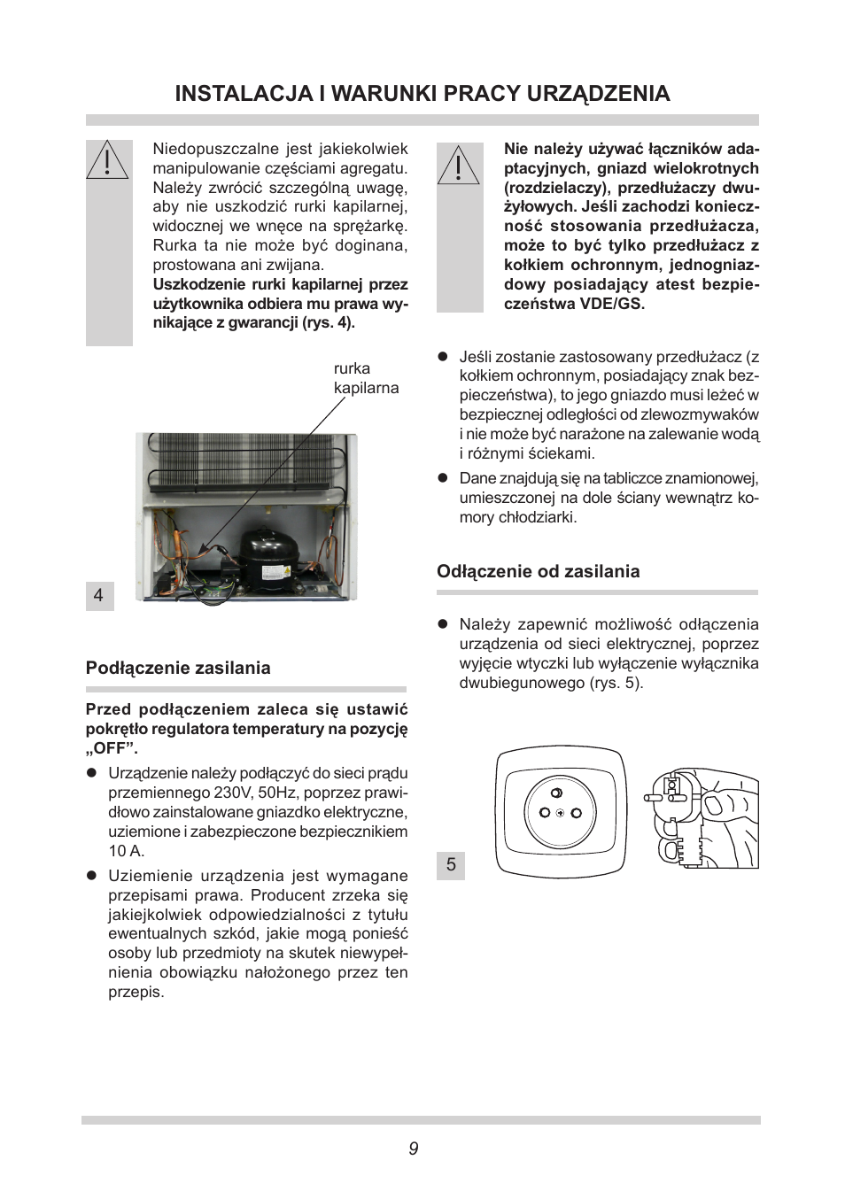 Instalacja i warunki pracy urządzenia | AMICA FC 204.3 - VKS 15304 W User Manual | Page 9 / 164