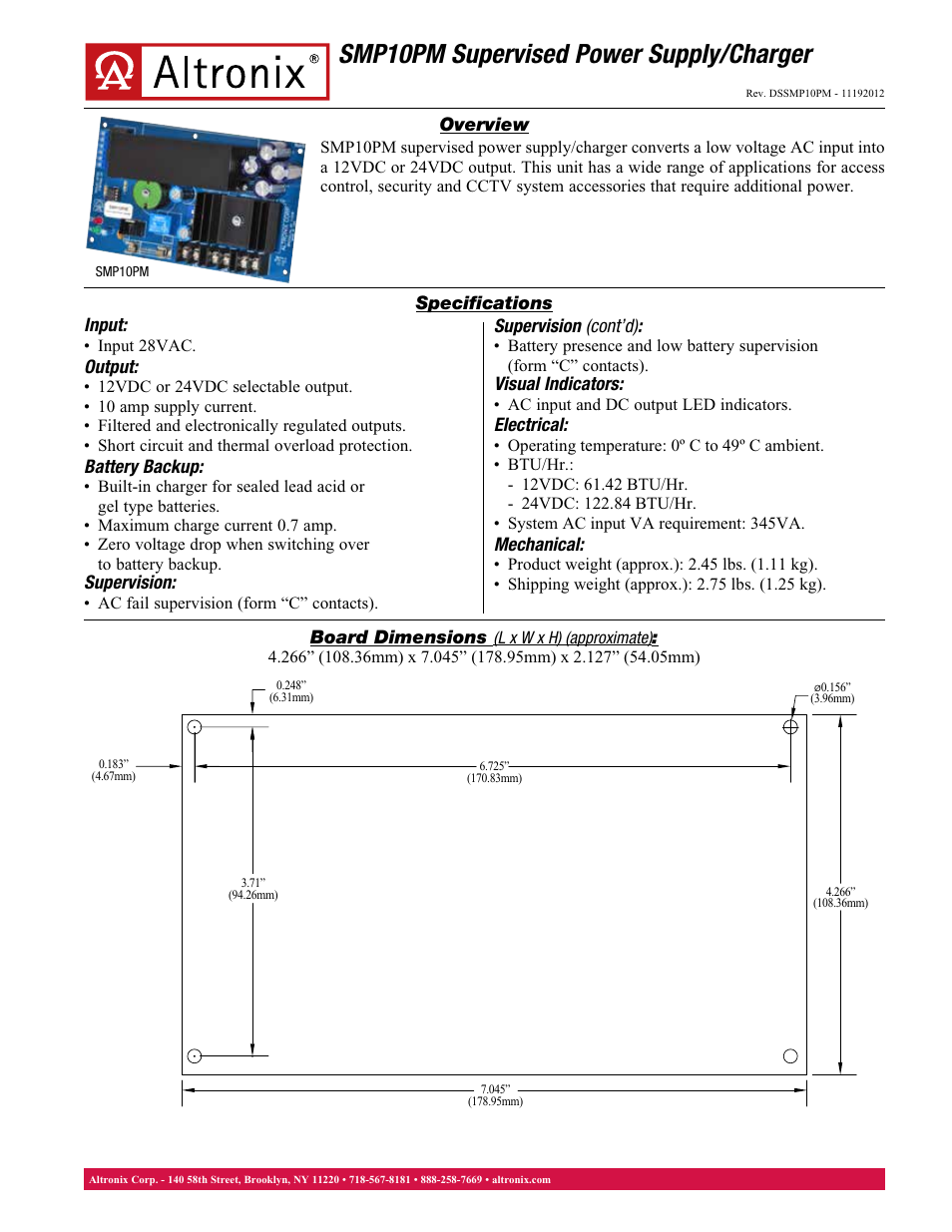 Altronix SMP10PM Data Sheet User Manual | 1 page