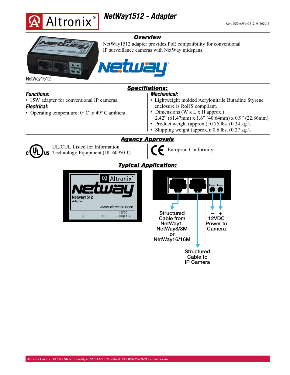 Altronix NetWay1512 Data Sheet User Manual | 1 page