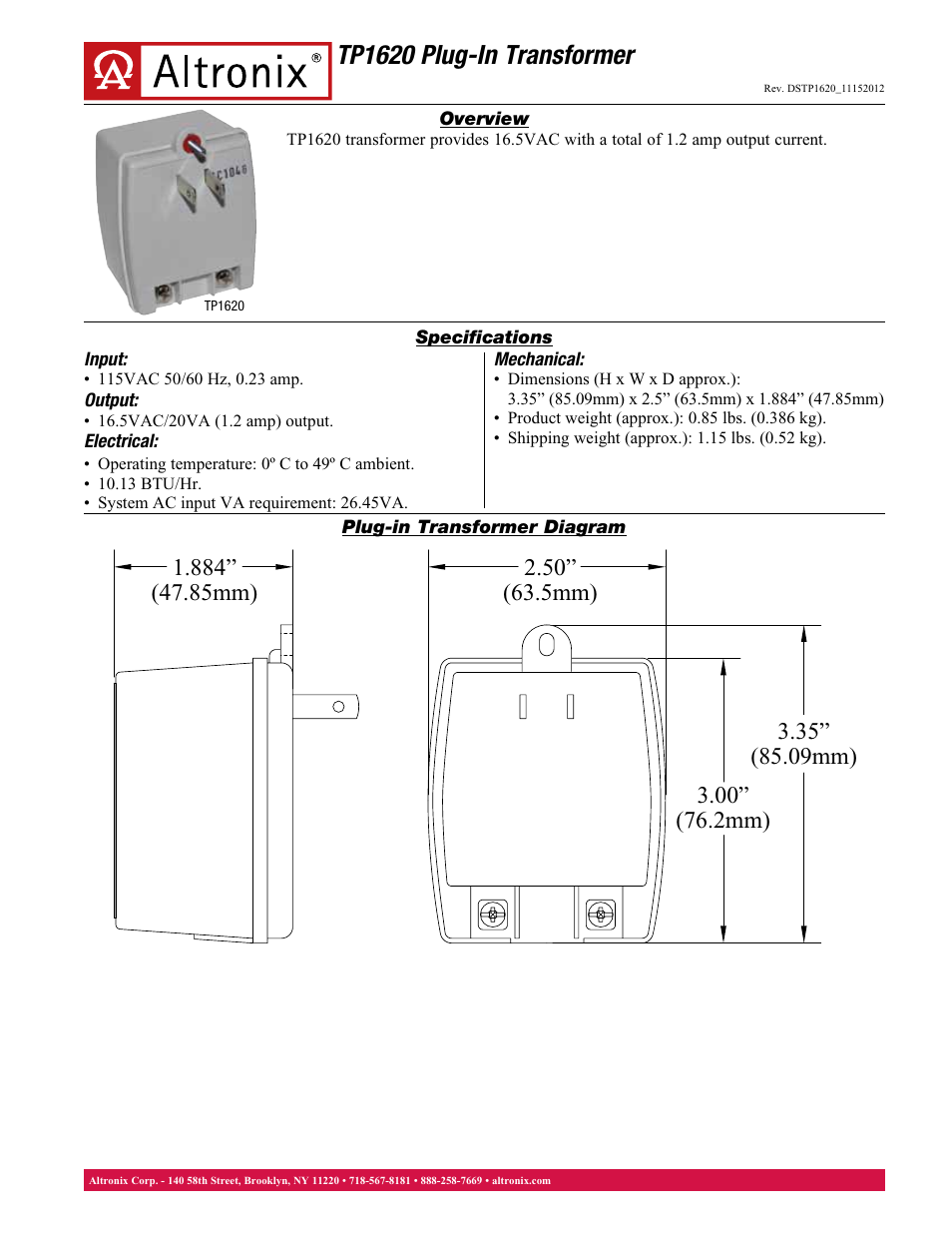 Altronix TP1620 Data Sheet User Manual | 1 page