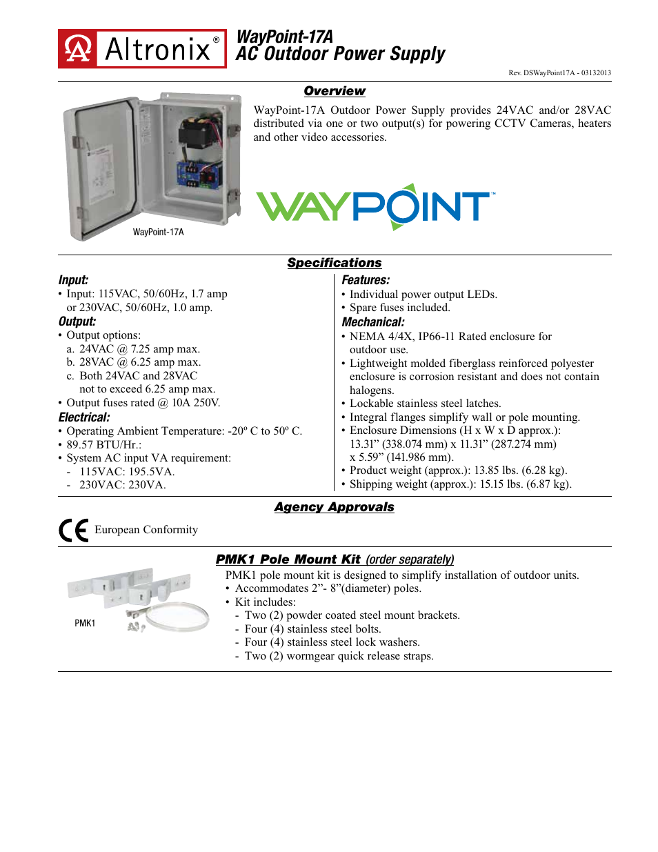 Altronix WayPoint-17A Data Sheet User Manual | 2 pages