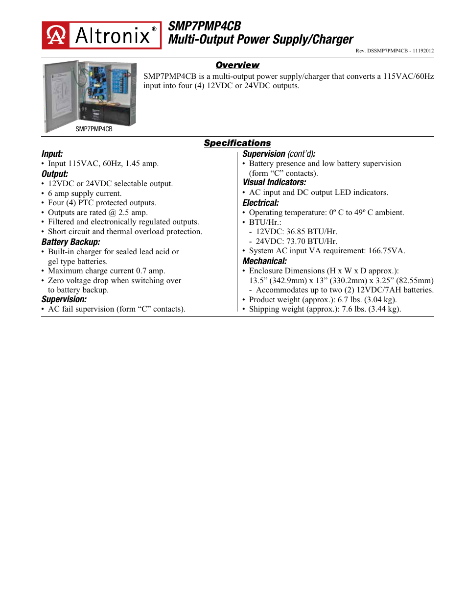 Altronix SMP7PMP4CB Data Sheet User Manual | 2 pages