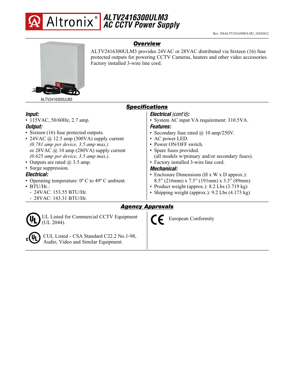 Altronix ALTV2416300ULM3 Data Sheet User Manual | 2 pages