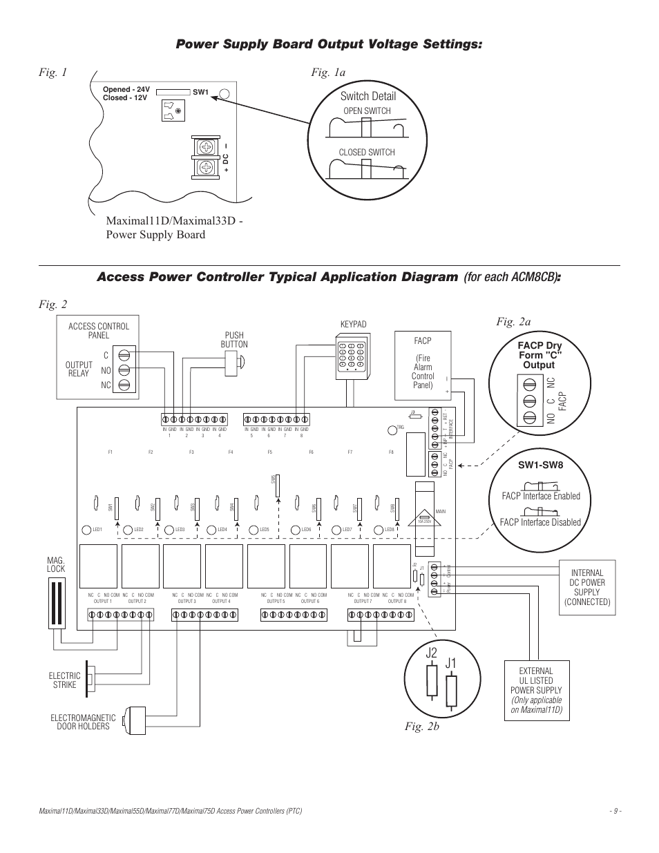 J2 j1, Power supply board output voltage settings, Fig. 1 fig. 1a | Fig. 2 fig. 2a fig. 2b, Maximal11d/maximal33d - power supply board, Switch detail, No c nc facp, Open switch closed switch | Altronix Maximal77D Installation Instructions User Manual | Page 9 / 20