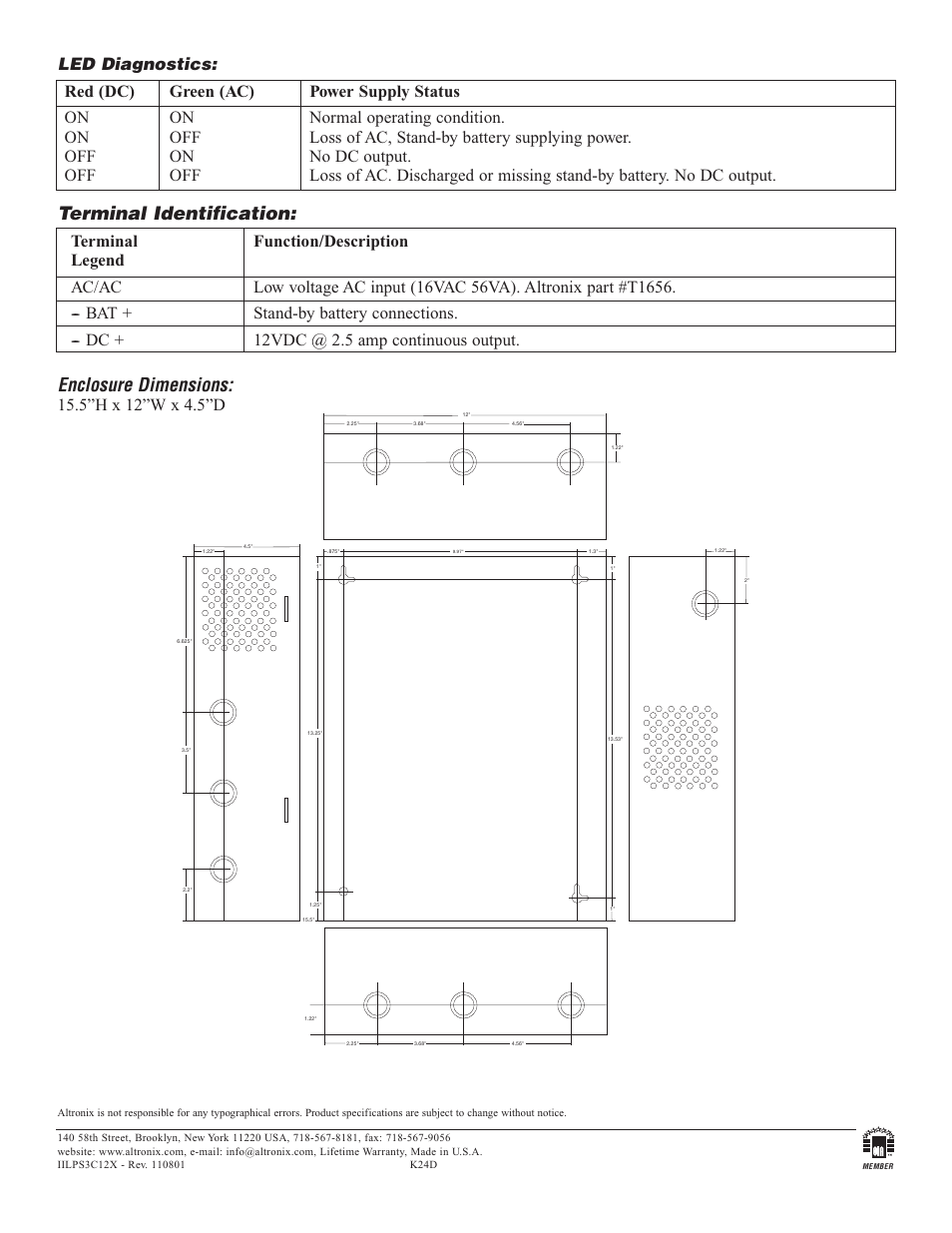 Terminal identification, Enclosure dimensions | Altronix LPS3C12X Installation Instructions User Manual | Page 2 / 2