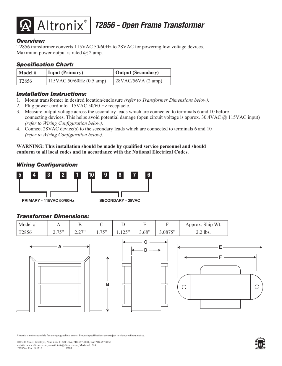Altronix T2856 Installation Instructions User Manual | 1 page