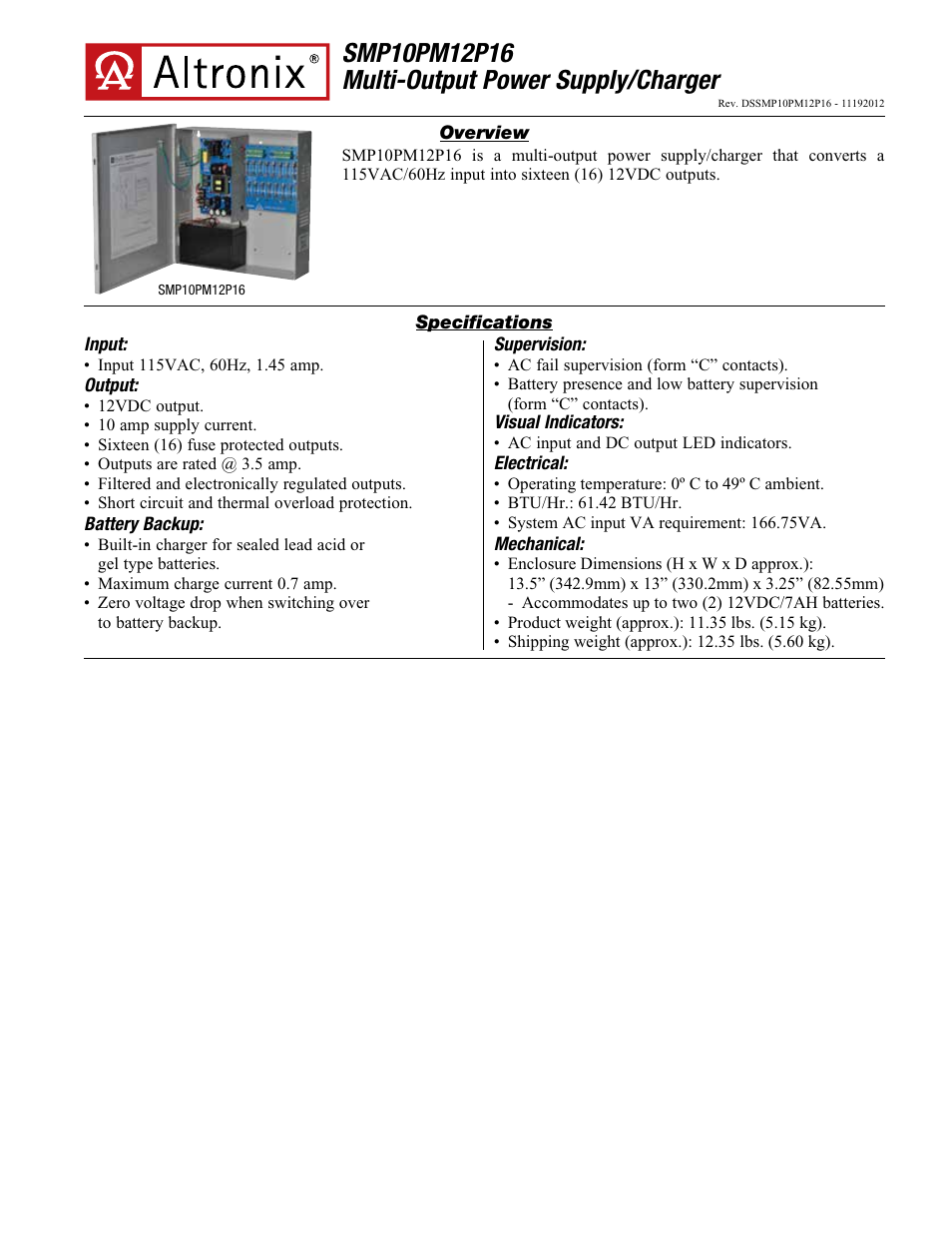 Altronix SMP10PM12P16 Data Sheet User Manual | 2 pages