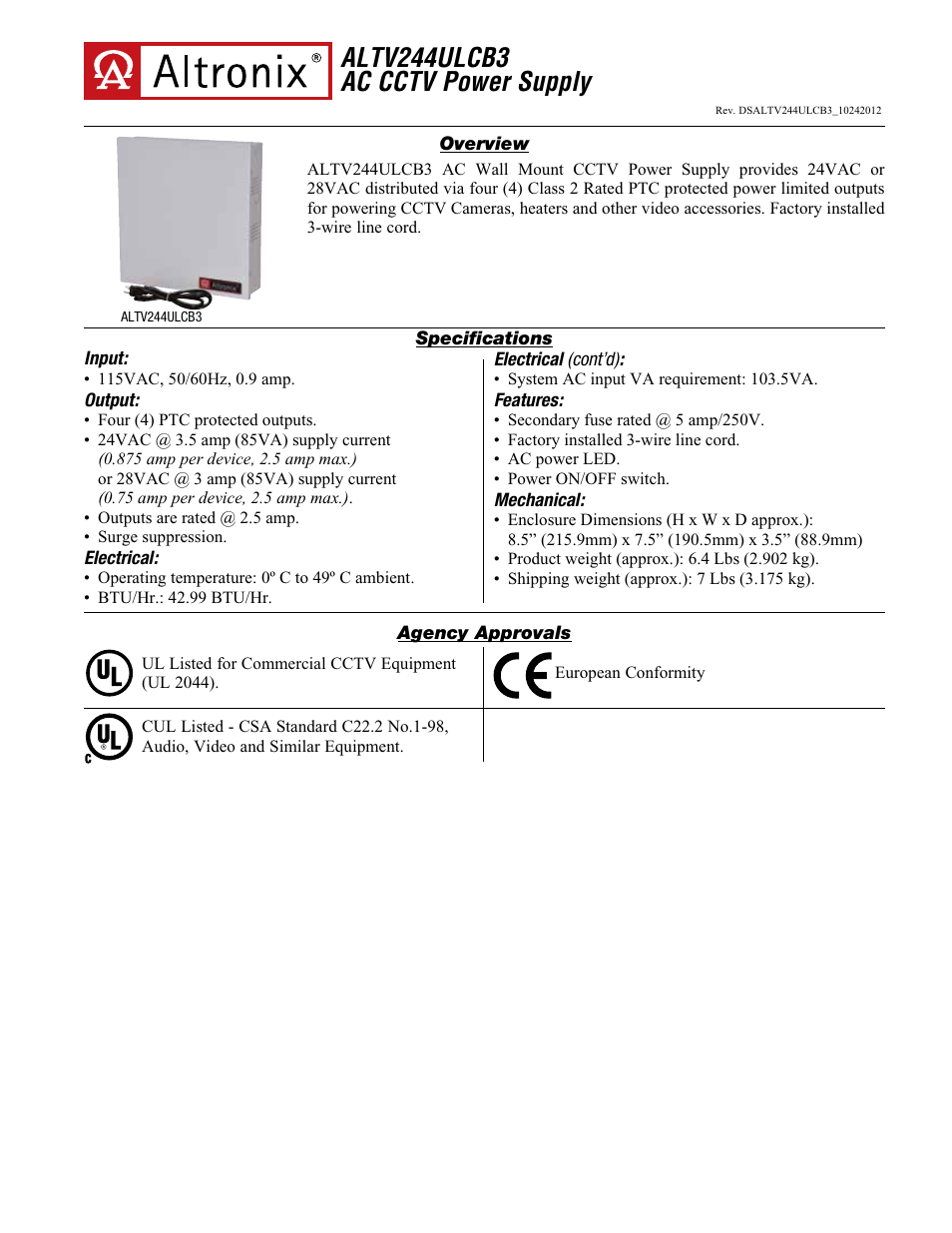 Altronix ALTV244ULCB3 Data Sheet User Manual | 2 pages