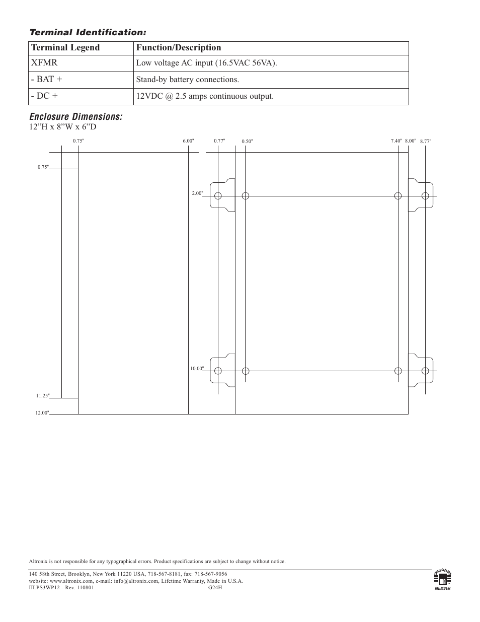 Enclosure dimensions, Terminal legend function/description xfmr, Terminal identification | 12”h x 8”w x 6”d, Stand-by battery connections, 12vdc @ 2.5 amps continuous output | Altronix LPS3WP12 Installation Instructions User Manual | Page 2 / 2