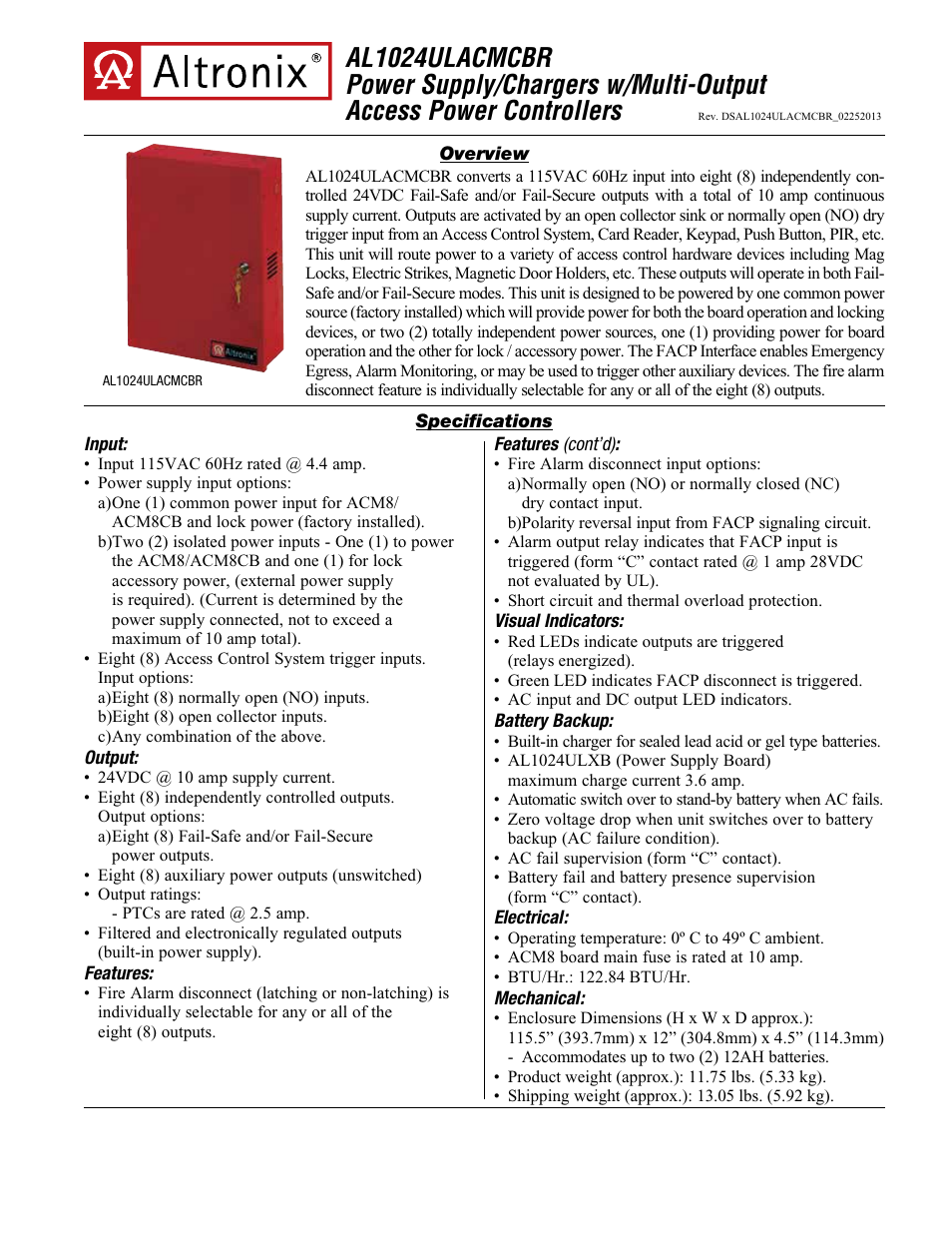 Altronix AL1024ULACMCBR Data Sheet User Manual | 2 pages