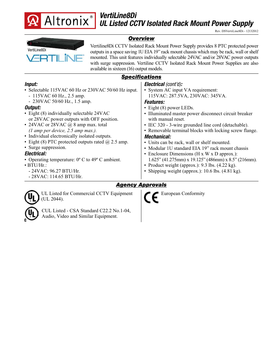 Altronix VertiLine8Di Data Sheet User Manual | 2 pages