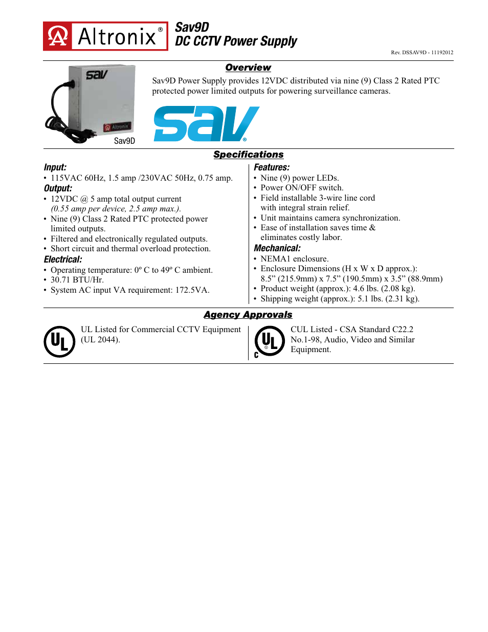 Altronix Sav9D Data Sheet User Manual | 2 pages