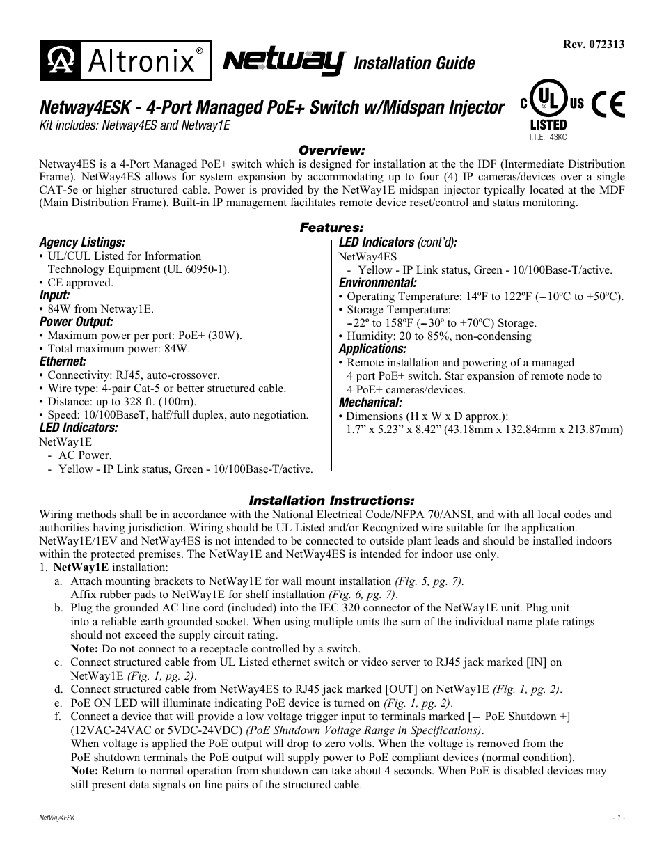 Altronix Netway4ESK Installation Instructions User Manual | 8 pages