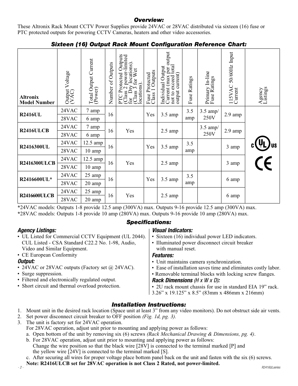 Altronix R2416ULCB Installation Instructions User Manual | Page 2 / 4