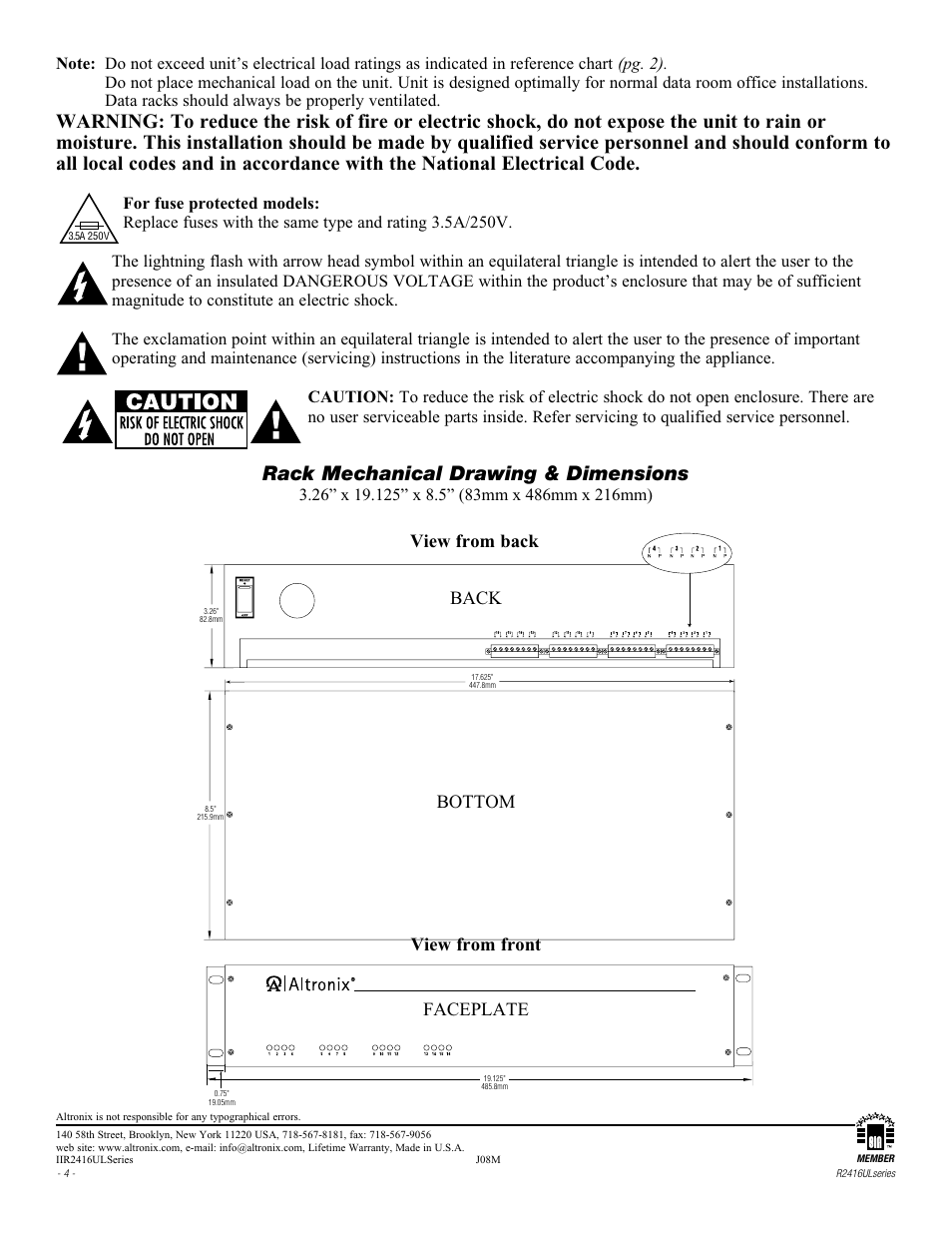 Rack mechanical drawing & dimensions | Altronix R2416ULCB Installation Instructions User Manual | Page 4 / 4