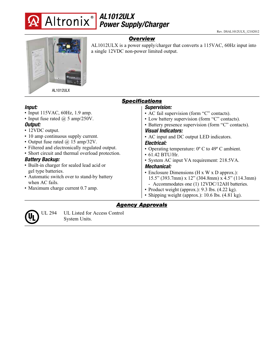 Altronix AL1012ULX Data Sheet User Manual | 2 pages