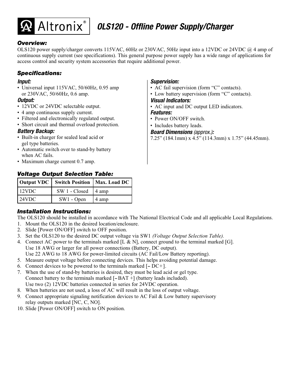 Altronix OLS120 Installation Instructions User Manual | 2 pages