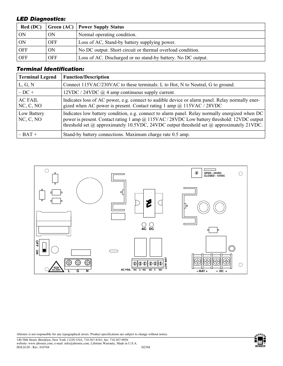 Led diagnostics, Terminal identification | Altronix OLS120 Installation Instructions User Manual | Page 2 / 2
