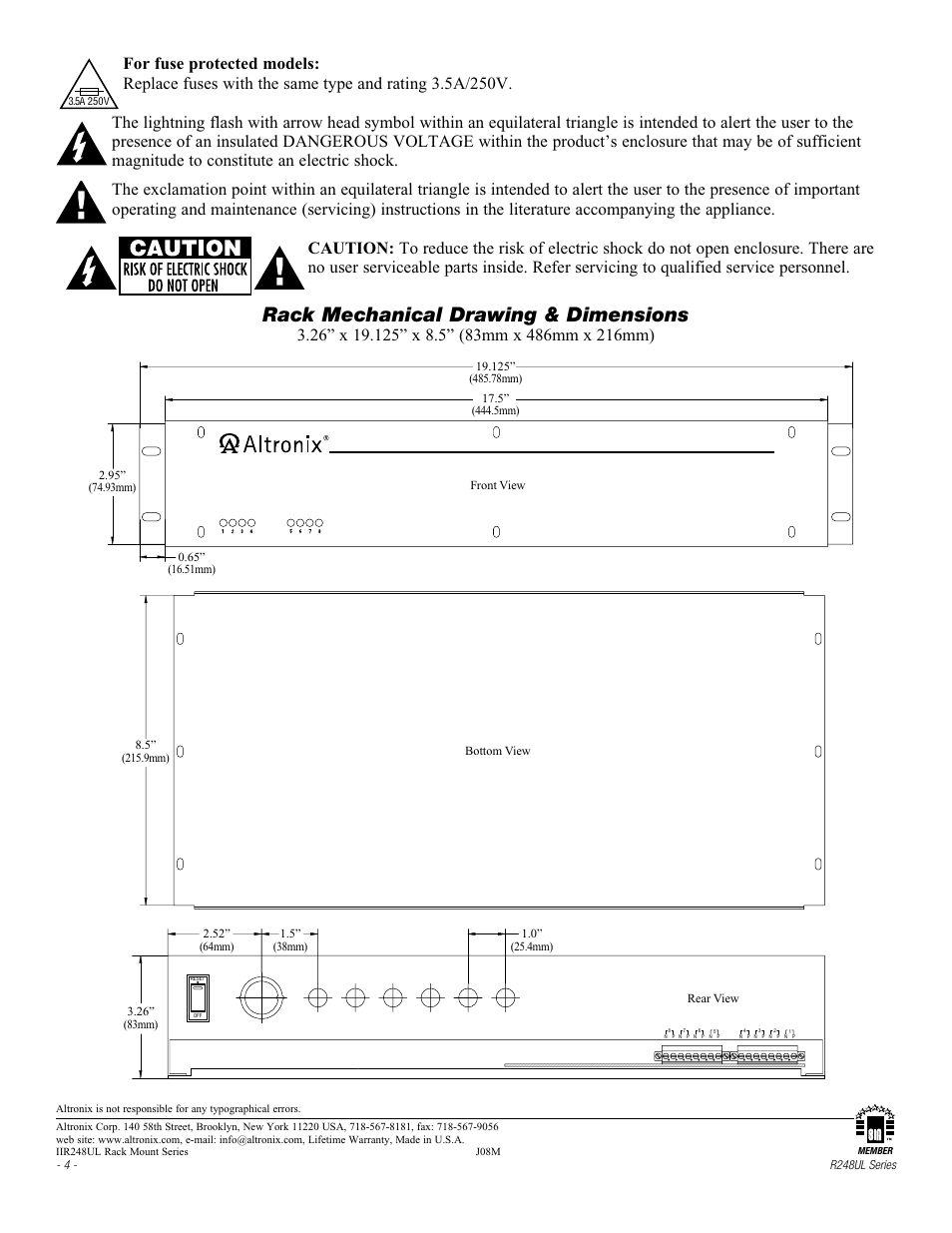 Rack mechanical drawing & dimensions | Altronix R248ULCB Installation Instructions User Manual | Page 4 / 4