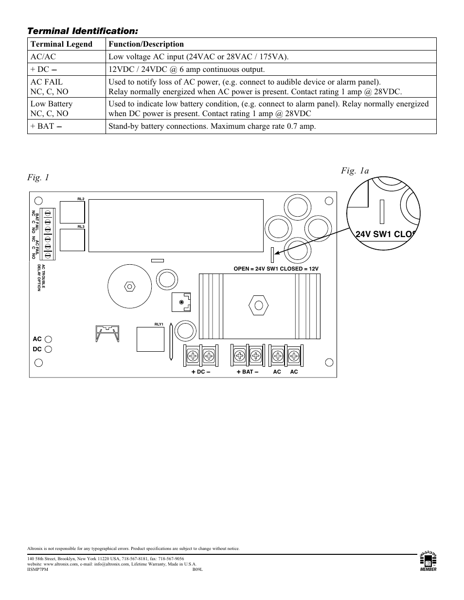 Dc ac, Terminal identification, Fig. 1 fig. 1a | Dc --- ac ac | Altronix SMP7PM Installation Instructions User Manual | Page 2 / 2