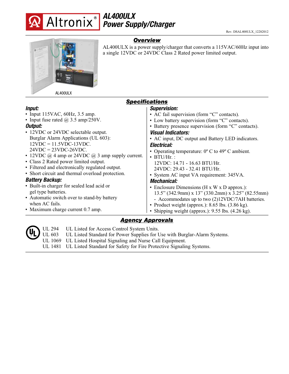 Altronix AL400ULX Data Sheet User Manual | 2 pages