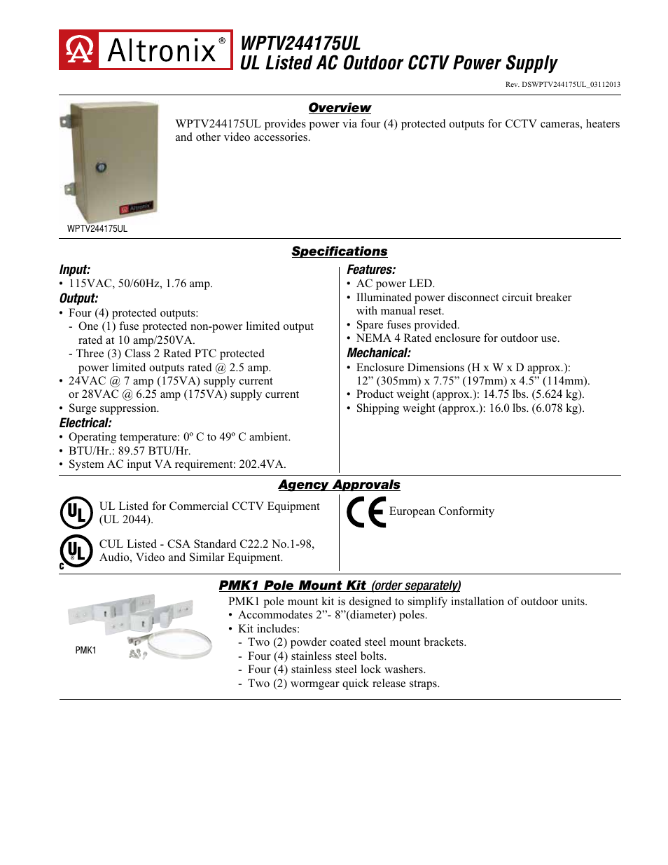 Altronix WPTV244175UL Data Sheet User Manual | 2 pages
