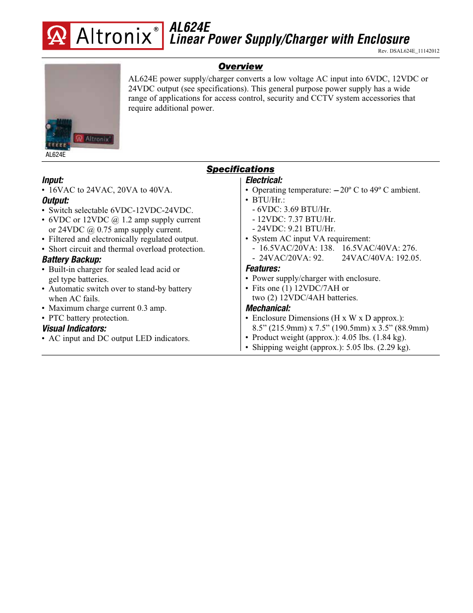 Altronix AL624E Data Sheet User Manual | 2 pages