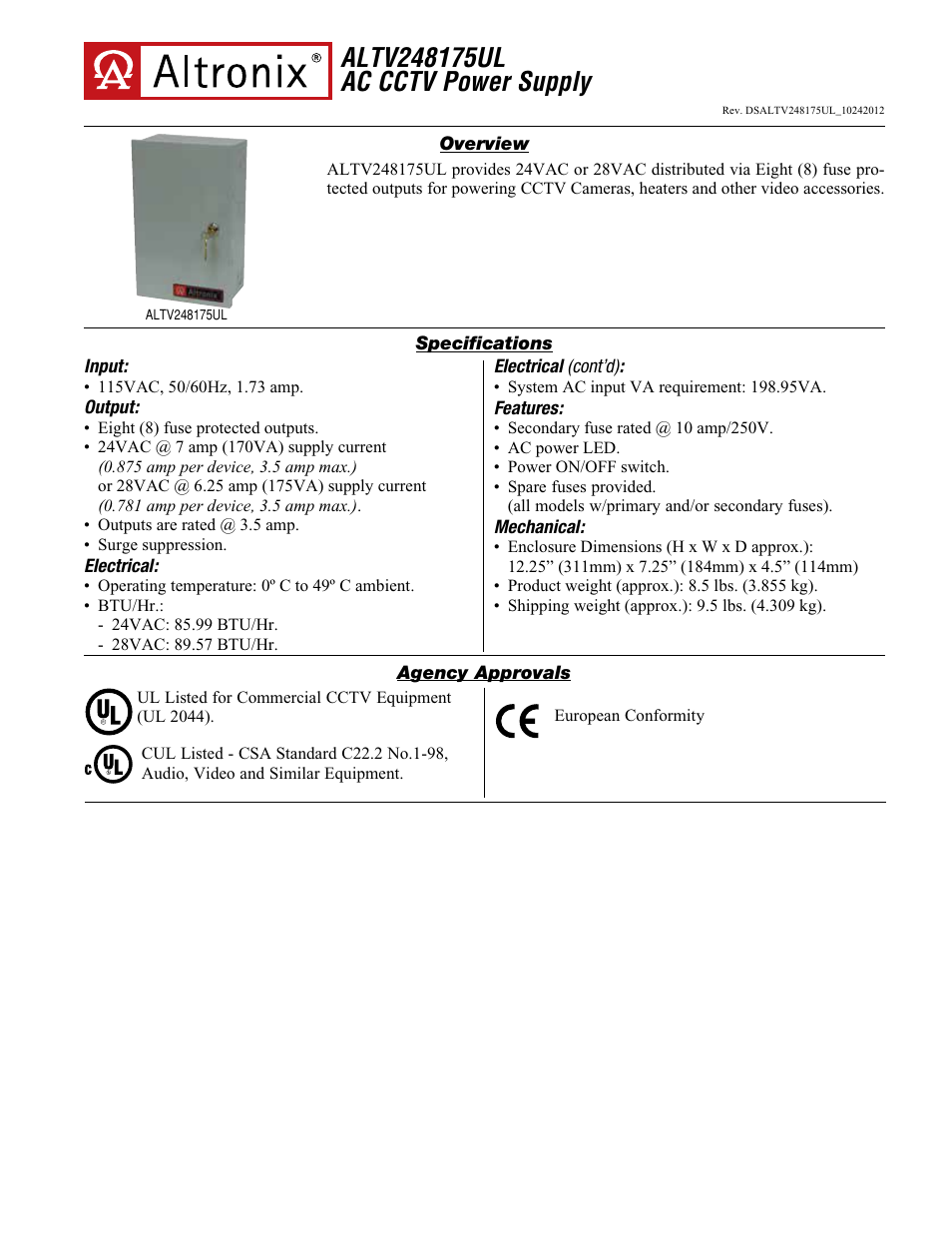 Altronix ALTV248175UL Data Sheet User Manual | 2 pages