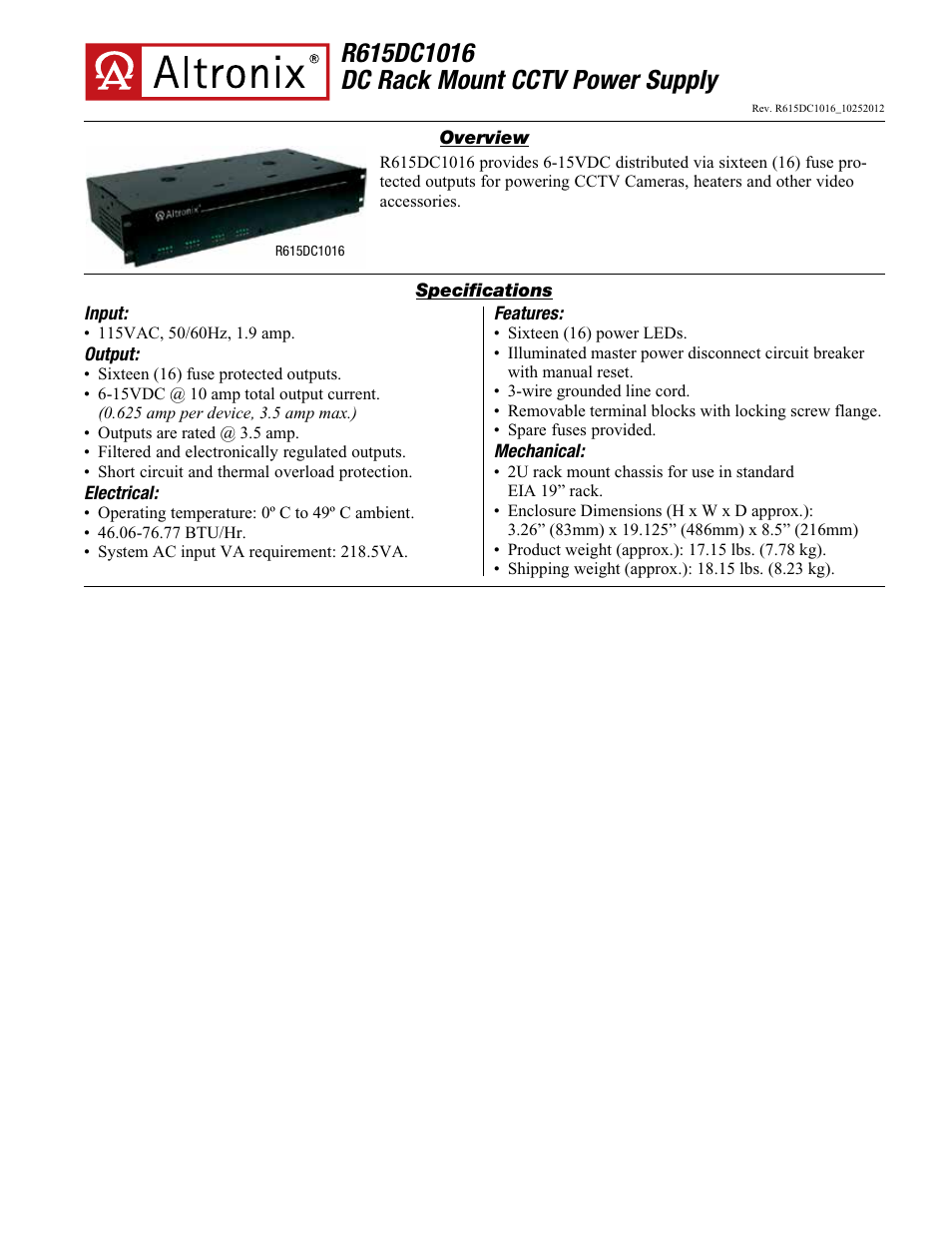 Altronix R615DC1016 Data Sheet User Manual | 2 pages