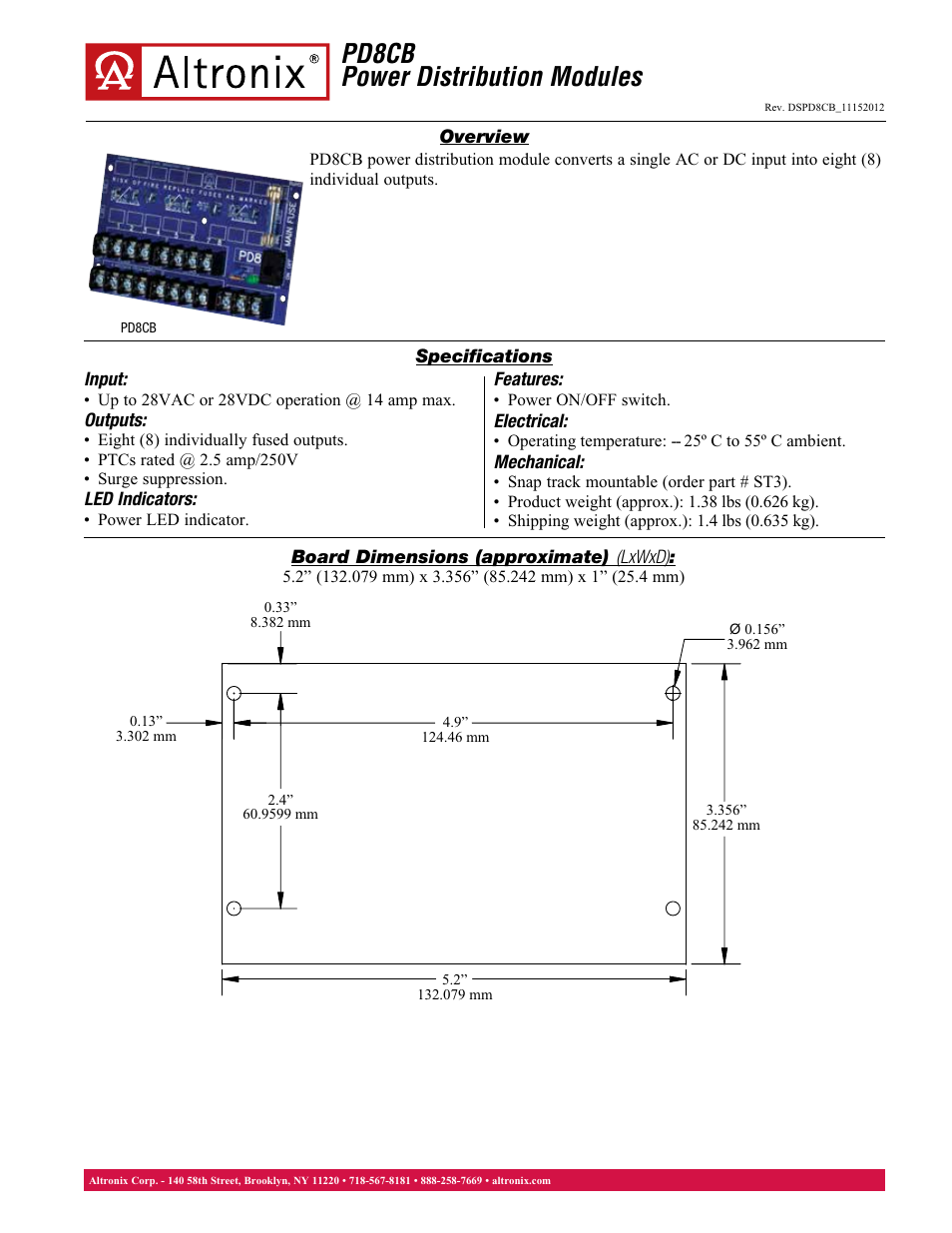 Altronix PD8CB Data Sheet User Manual | 1 page