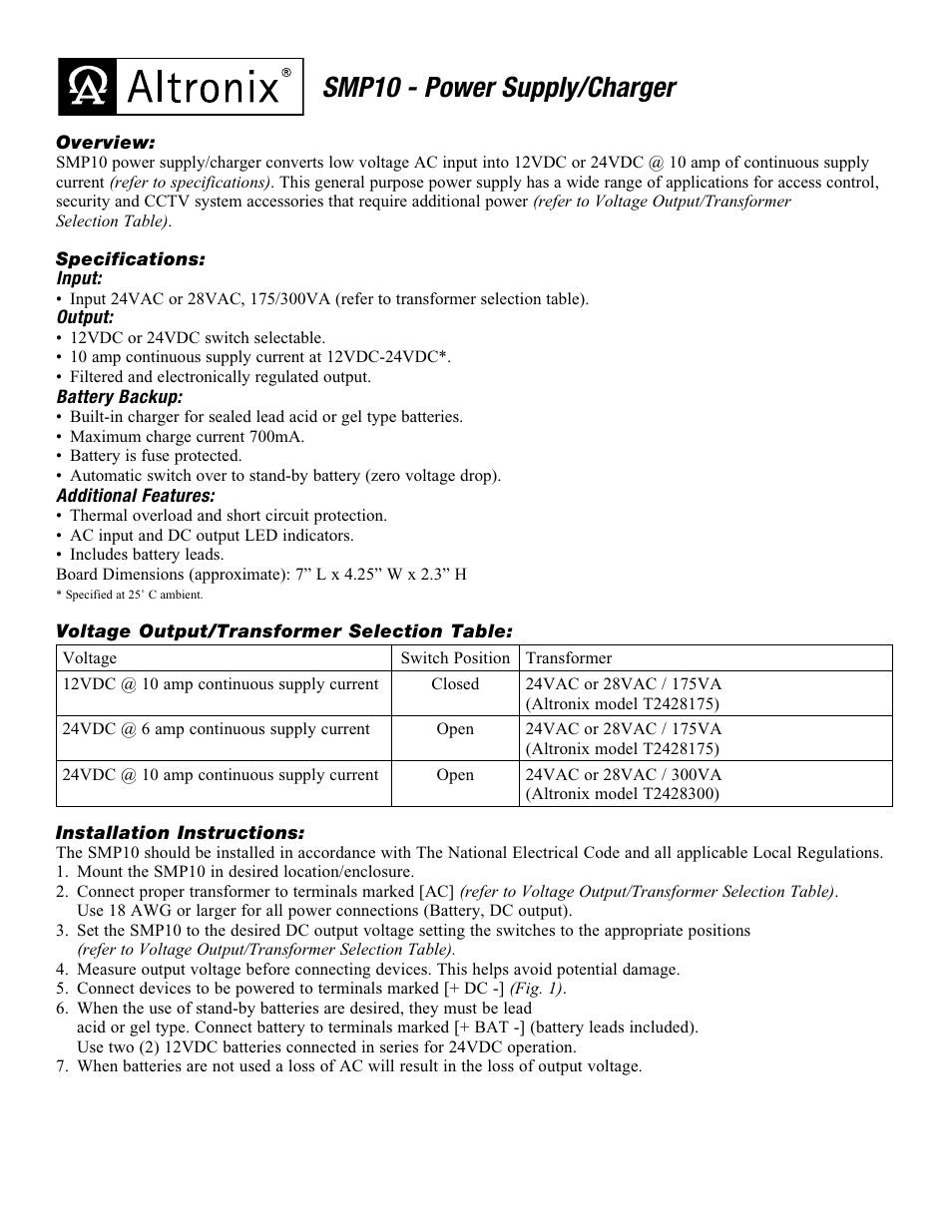 Altronix SMP10 Installation Instructions User Manual | 2 pages