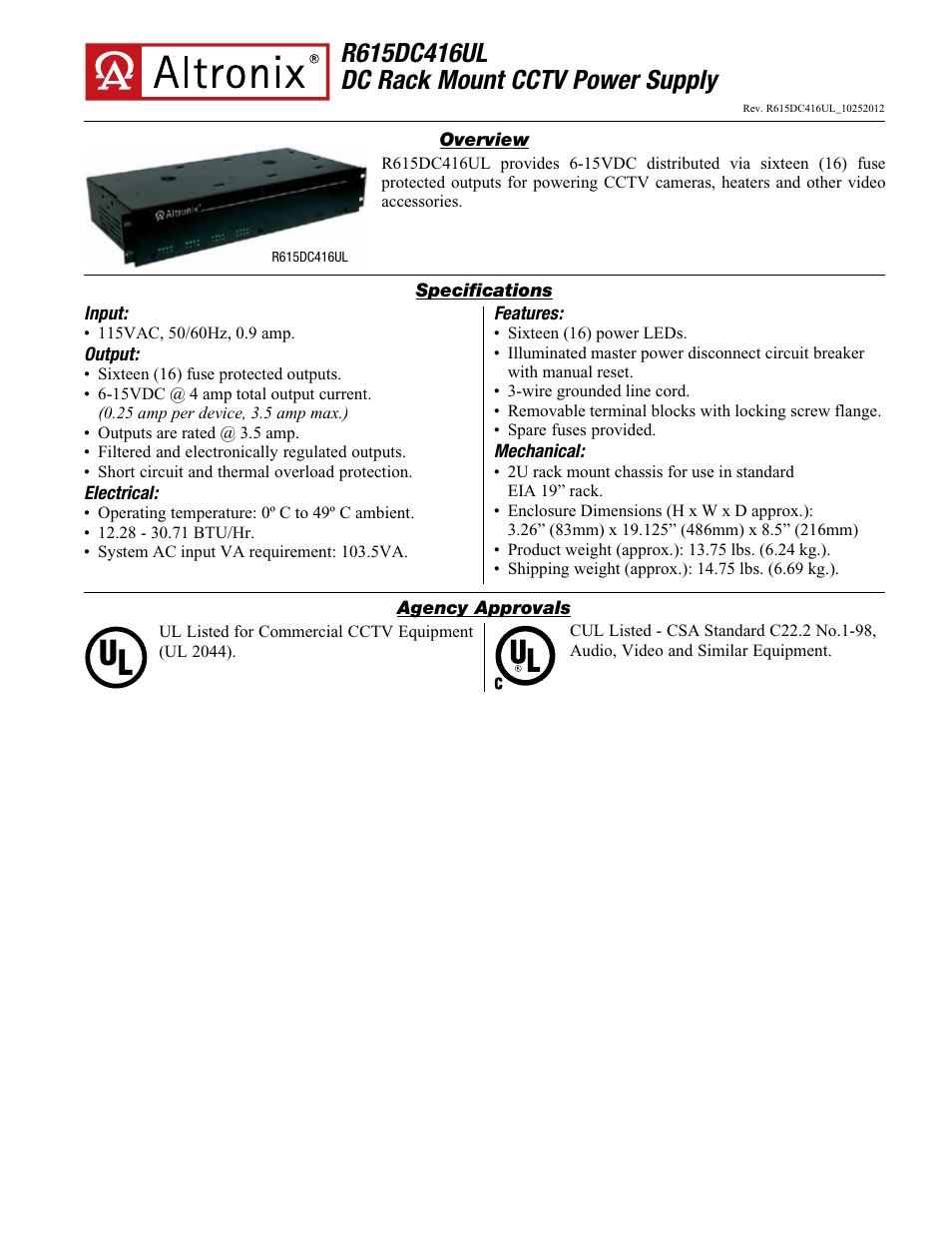 Altronix R615DC416UL Data Sheet User Manual | 2 pages