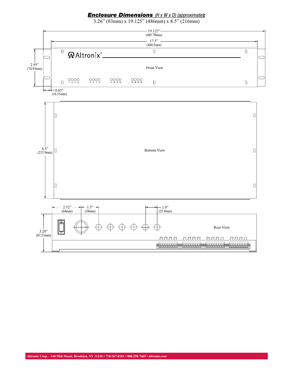 Enclosure dimensions | Altronix R615DC416UL Data Sheet User Manual | Page 2 / 2