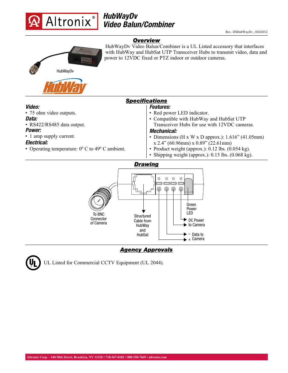 Altronix HubWay Dv Data Sheet User Manual | 1 page