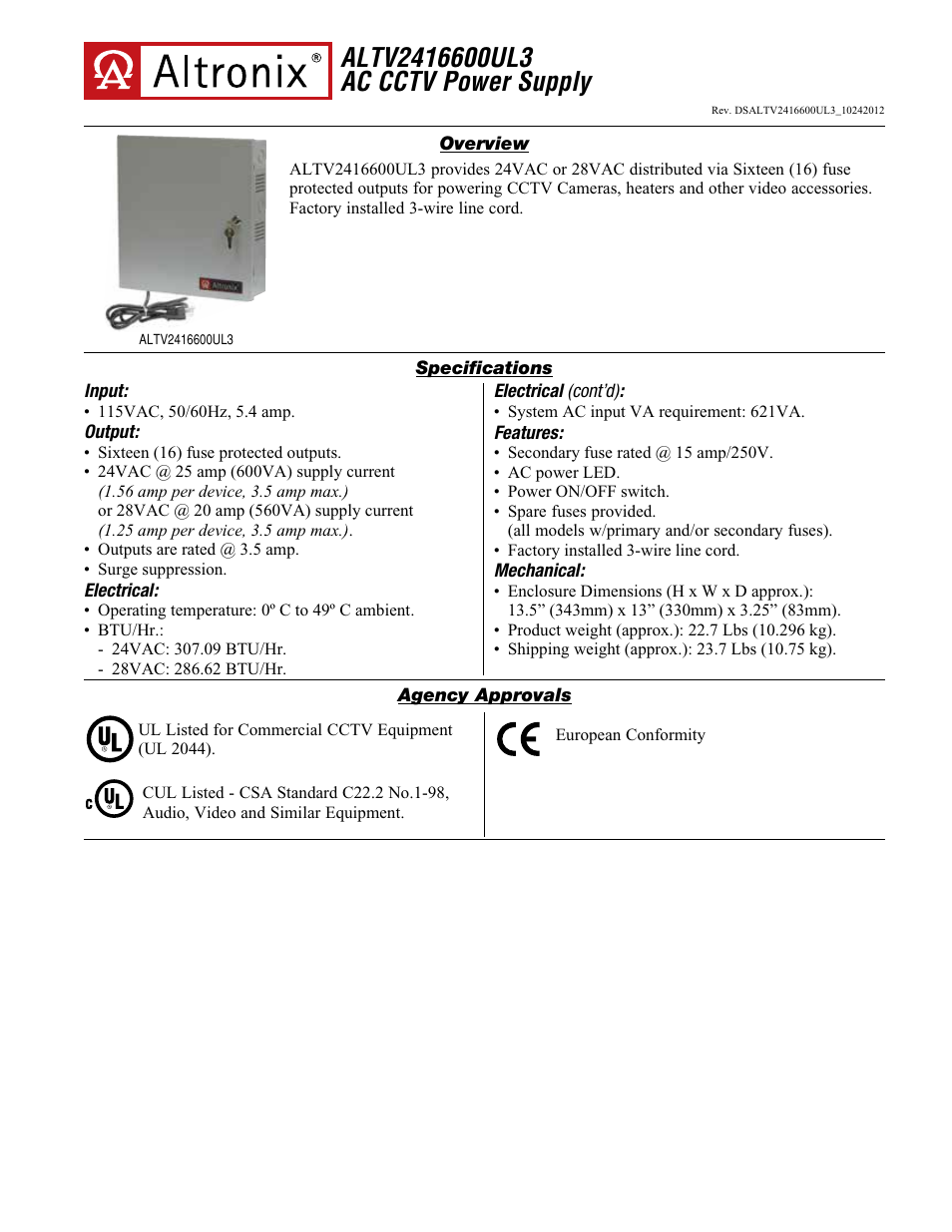 Altronix ALTV2416600UL3 Data Sheet User Manual | 2 pages