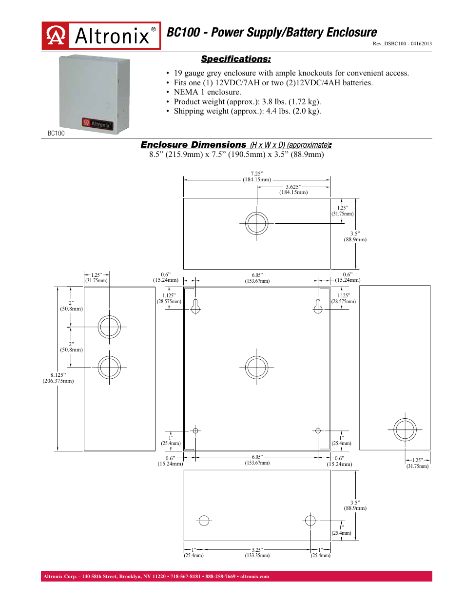 Altronix BC100 Data Sheet User Manual | 1 page