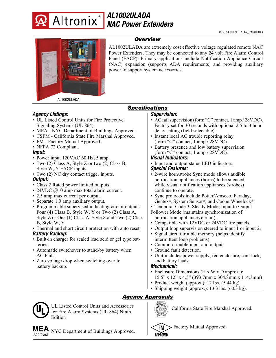 Altronix AL1002ULADA Data Sheet User Manual | 2 pages