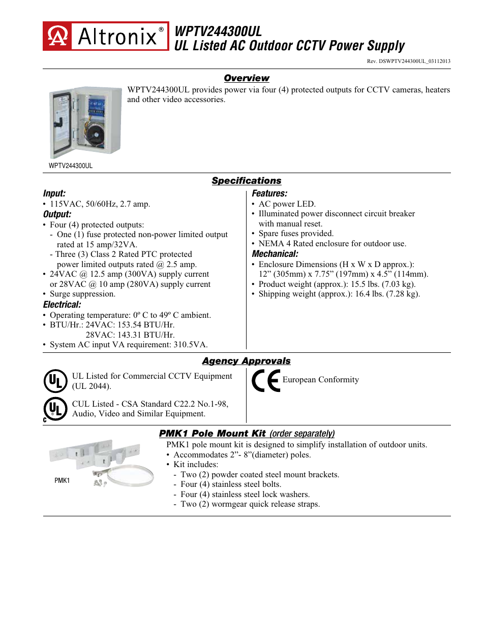Altronix WPTV244300UL Data Sheet User Manual | 2 pages