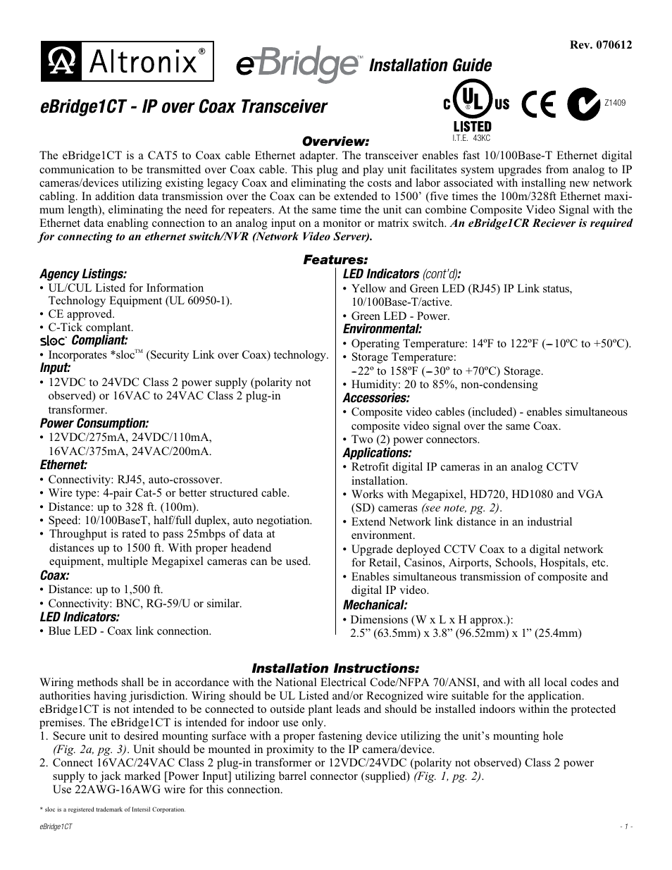 Altronix eBridge1CT Installation Instructions User Manual | 4 pages