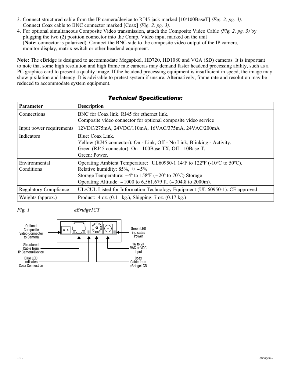 Technical specifications | Altronix eBridge1CT Installation Instructions User Manual | Page 2 / 4