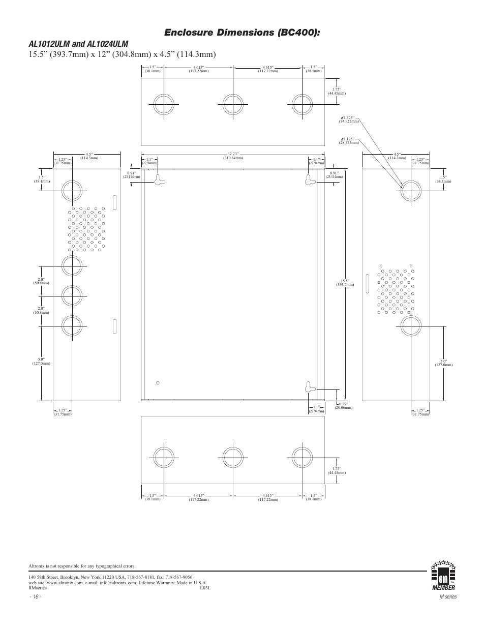Enclosure dimensions (bc400), Member | Altronix AL600ULMR Installation Instructions User Manual | Page 16 / 16