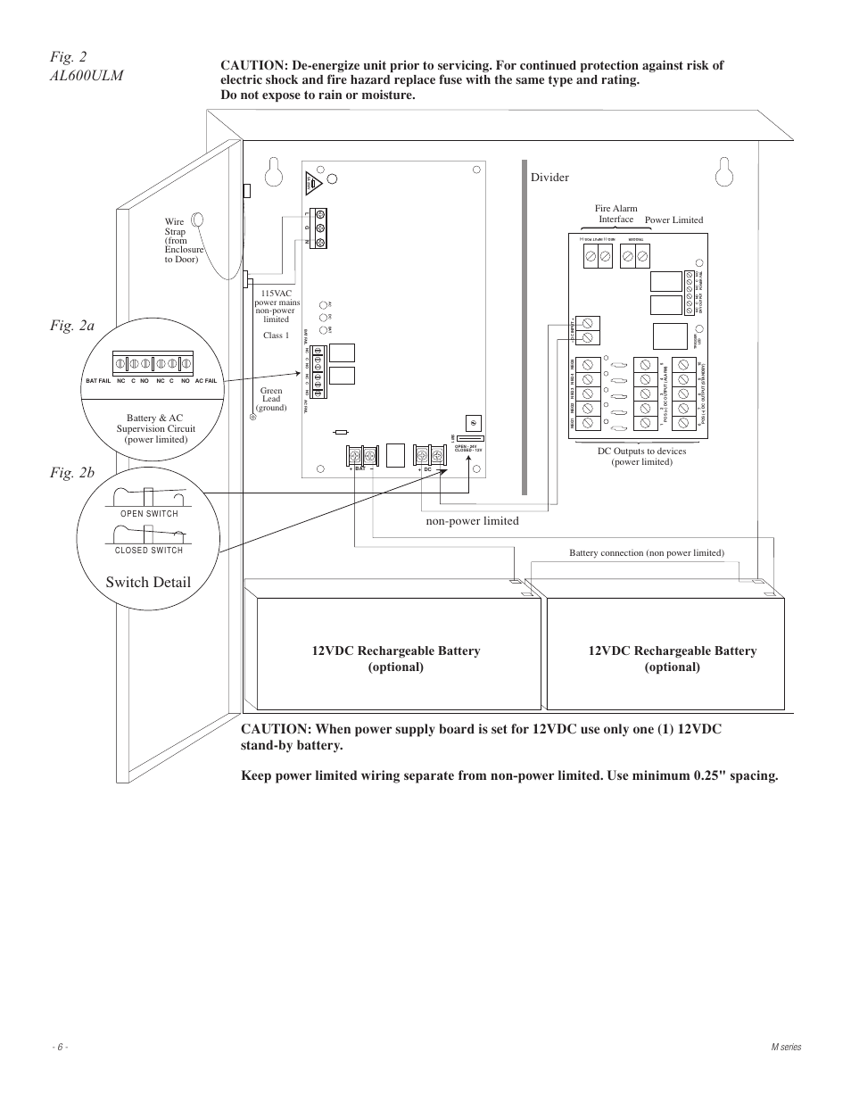 Fig. 2 al600ulm, Switch detail, Fig. 2a fig. 2b | Divider, Non-power limited, Battery & ac supervision circuit (power limited) | Altronix AL600ULMR Installation Instructions User Manual | Page 6 / 16