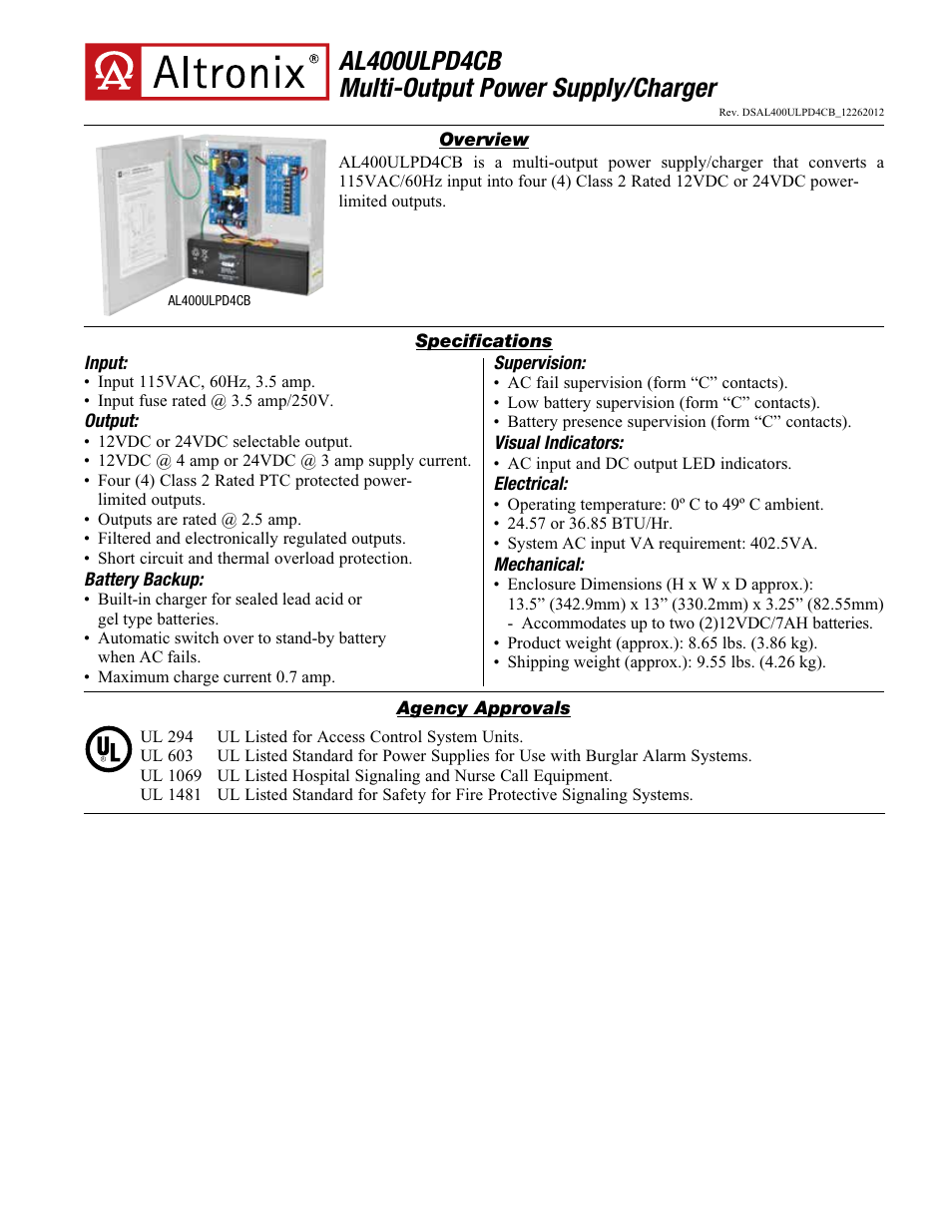 Altronix AL400ULPD4CB Data Sheet User Manual | 2 pages