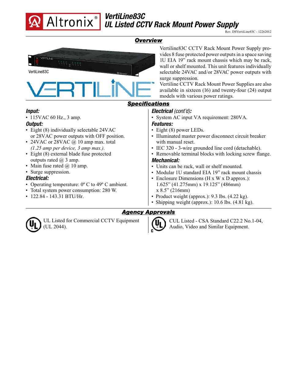 Altronix VertiLine83C Data Sheet User Manual | 2 pages