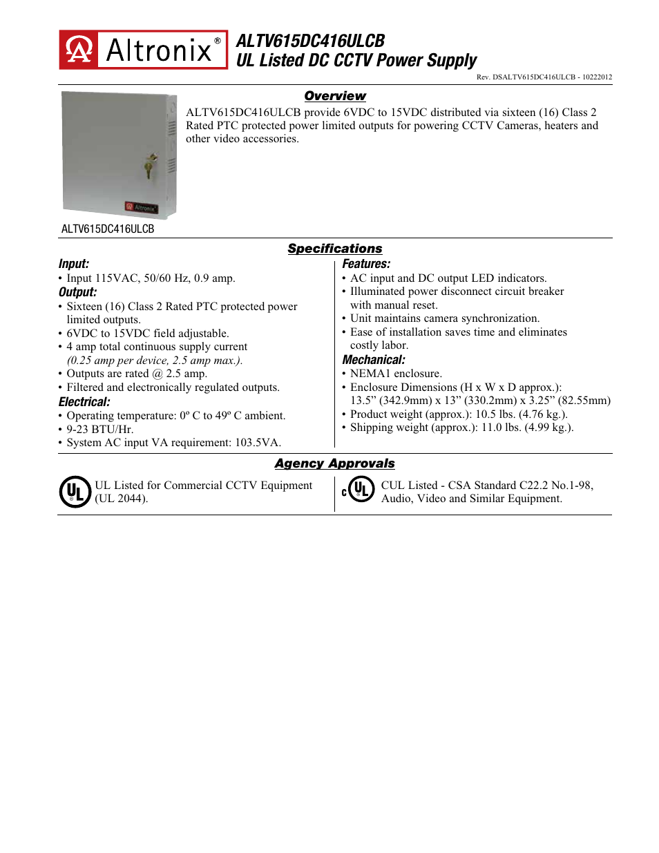 Altronix ALTV615DC416ULCB Data Sheet User Manual | 2 pages