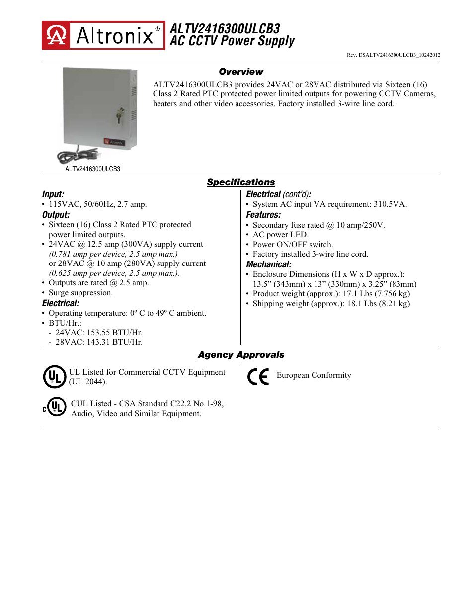 Altronix ALTV2416300ULCB3 Data Sheet User Manual | 2 pages