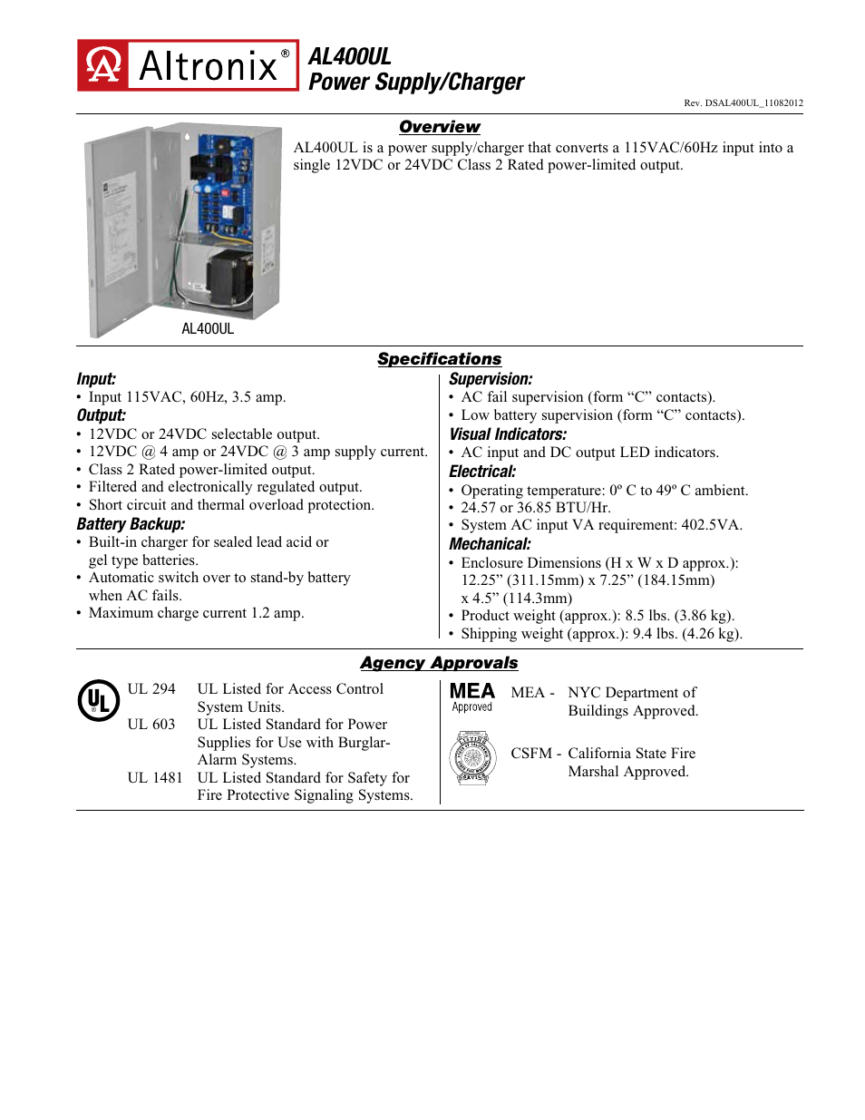 Altronix AL400UL Data Sheet User Manual | 2 pages